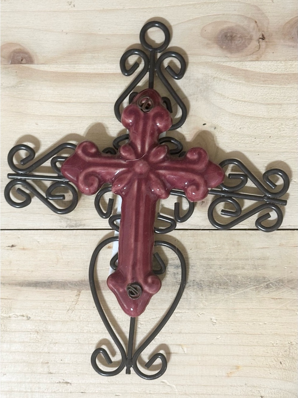 Wall Cross Maroon ceramic Center Cross Mounted on a Decorative Black Wire